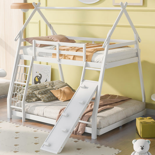 Twin over Queen House Bunk Bed with Climbing Nets and Climbing Ramp, White