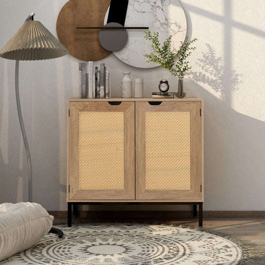 Rustic Accent Storage Cabinet with 2 Rattan Doors, Mid Century Natural Wood Sideboard Furniture for Living Room