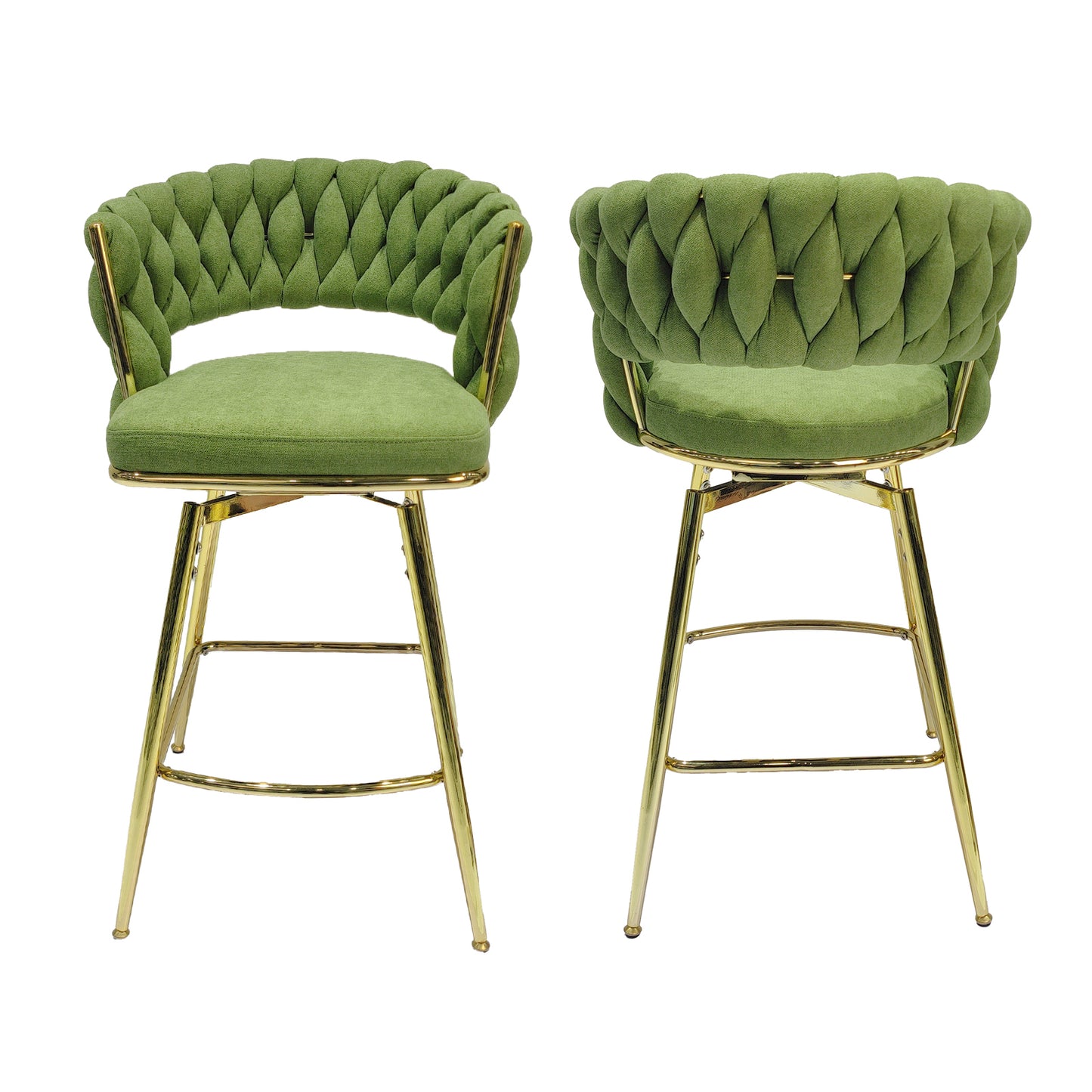 Bar Chair Linen Woven Bar Stool Set of 4,Golden legs Barstools No Adjustable Kitchen Island Chairs,360 Swivel Bar Stools Upholstered Bar Chair Counter Stool Arm Chairs with Back Footrest, (Green)