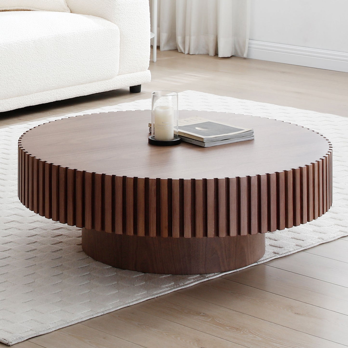 31.49'' Round Coffee Table Small Coffee Table for Apartment, Modern Living Room Coffee Table with Sturdy Pedestal,WALNUT