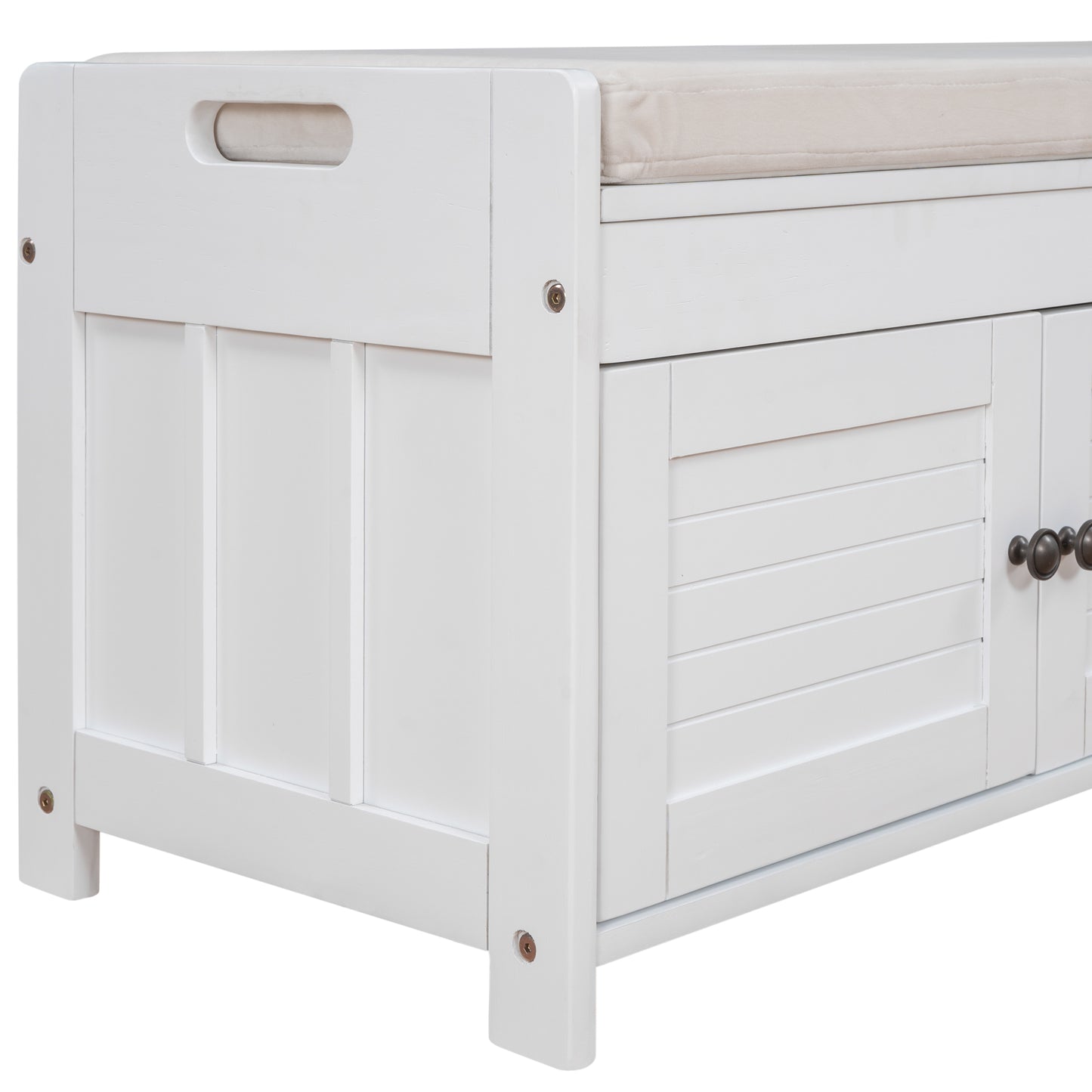 TREXM Storage Bench with 3 Shutter-shaped Doors, Shoe Bench with Removable Cushion and Hidden Storage Space (White, OLD SKU: WF284226AAK)