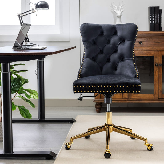 A&A Furniture Office Chair,Velvet Upholstered Tufted Button Home Office Chair with Golden Metal Base,Adjustable Desk Chair Swivel Office Chair (Black)