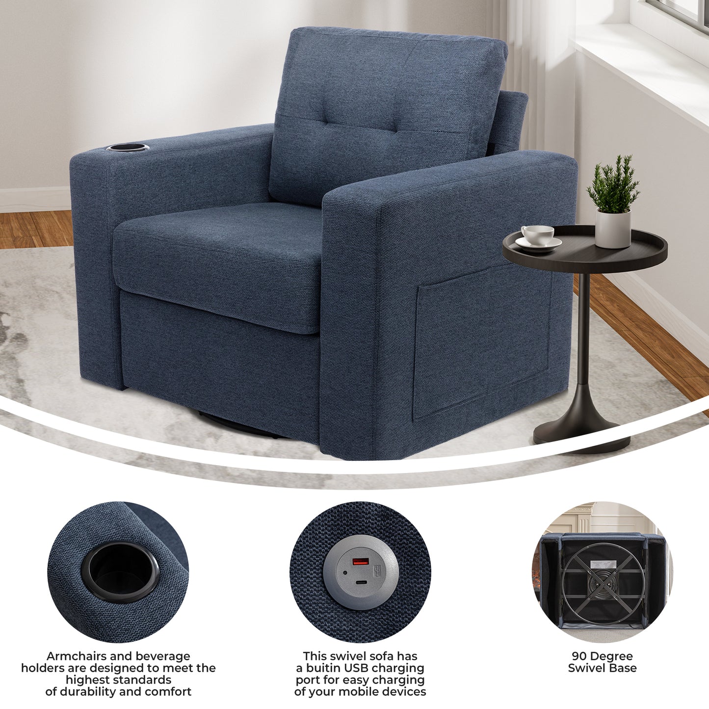 Modern Swivel Sofa, Ergonomic Casual 90 Degree Swivel Single Sofa Seat with Drink Holder Living Room Chair ,Soft Egyptian Velvet Sofa Chair (Blue)