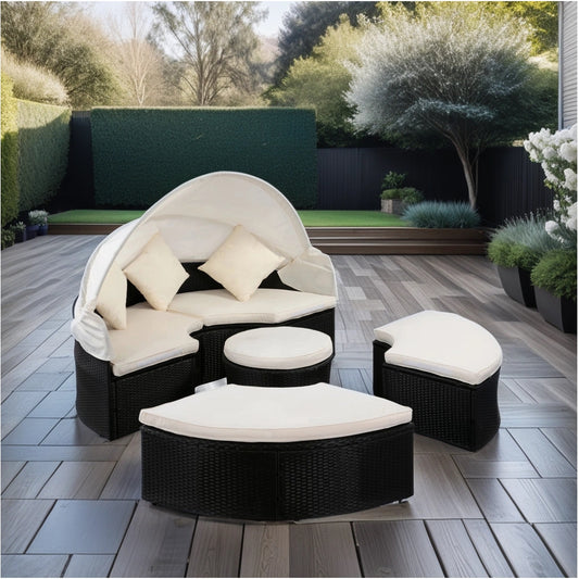 Outdoor Patio Round Daybed with Retractable Canopy Rattan Wicker Furniture Sectional Seating Set Black Wicker + Creme Cushion