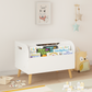 Wooden Toy Box, Kids Toy Storage Organizer with Front Bookshelf, Flip-Top Lid, Safety Hinge, Boys Girls Toy Chest Bench for Playroom Kids Room Organization (White)