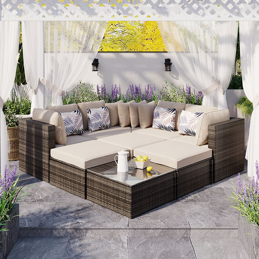 GO 8-piece Outdoor Wicker Sofa Set, Rattan Sofa Lounger, With Colorful Pillows, Conversation Sofa, For Patio, Garden, Deck, Brown Wicker, Beige Cushion