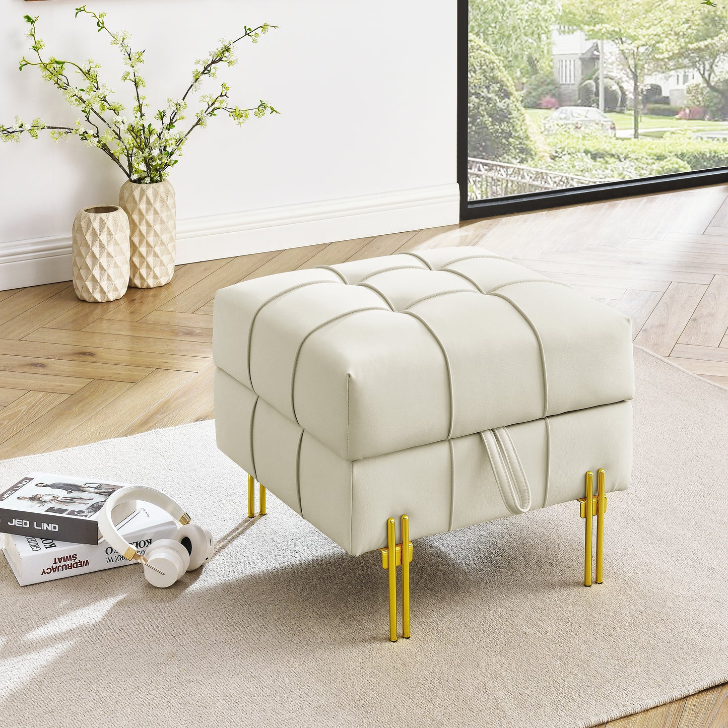 22 inches Anti-scratch Leather Storage Ottoman, Pet Friendly Entryway Bench with Golden Stainless Steel Legs, Beige