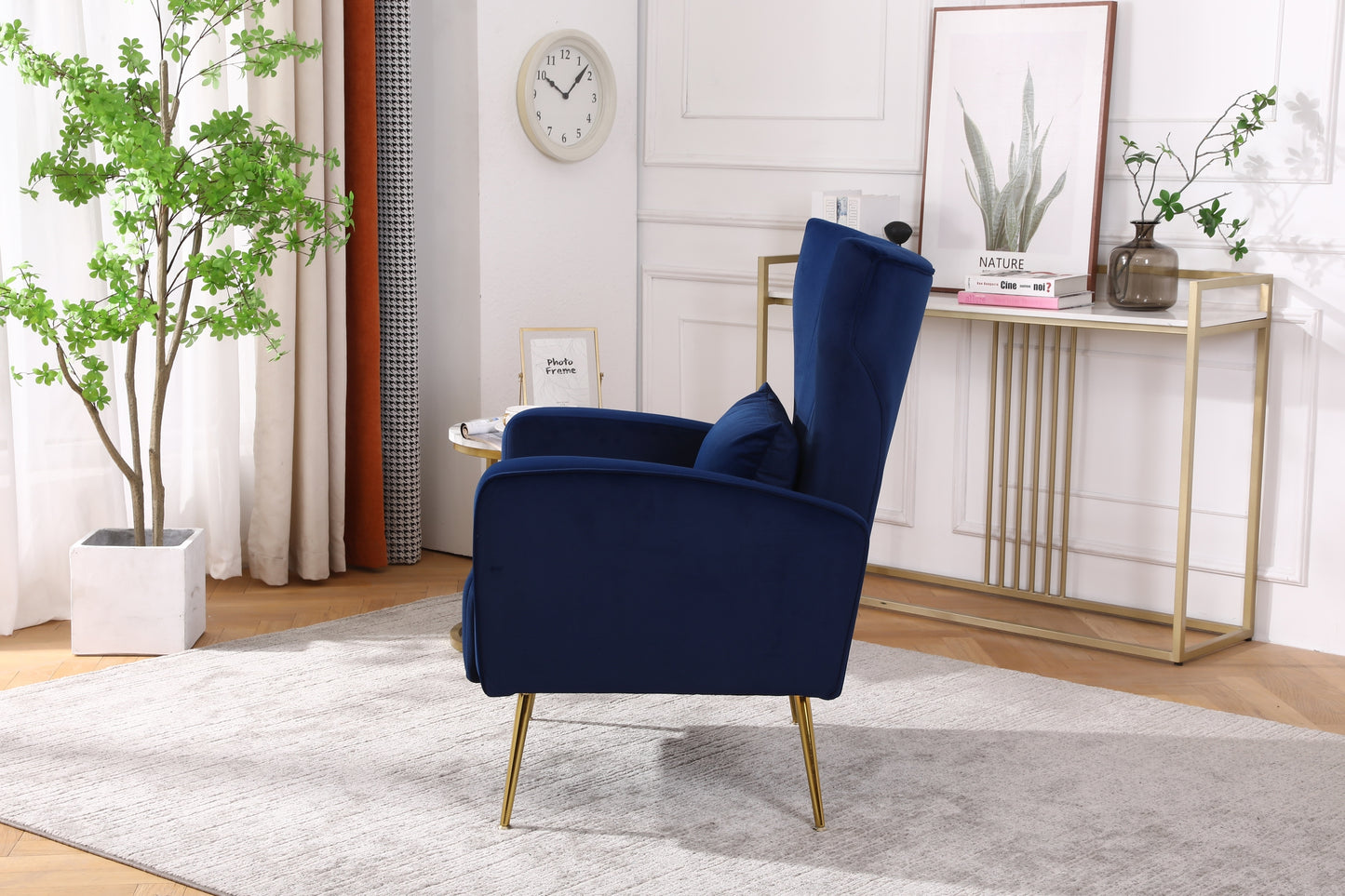 FONDHOME Velvet Accent Chair, Modern Living Room Armchair Comfy Upholstered Single Sofa Chair for Bedroom Dorms Reading Reception Room with Gold Legs & Small Pillow, Royal Blue