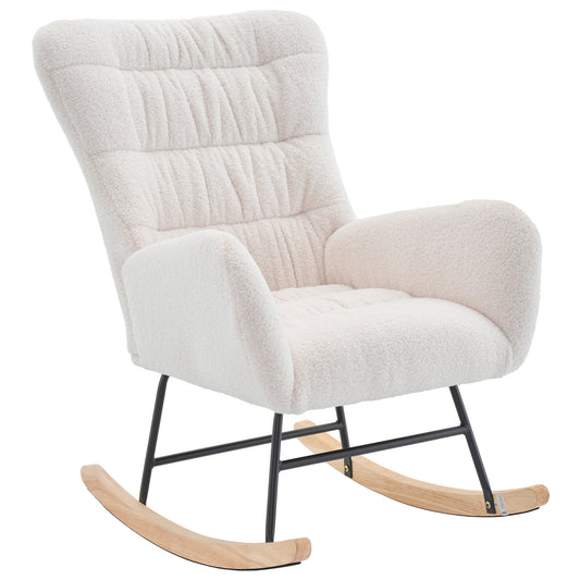 Nursery Rocking Chair, Teddy Upholstered Glider Rocker, Rocking Accent Chair with High Backrest, Comfy Rocking Accent Armchair for Living Room, Bedroom, Offices, WHITE