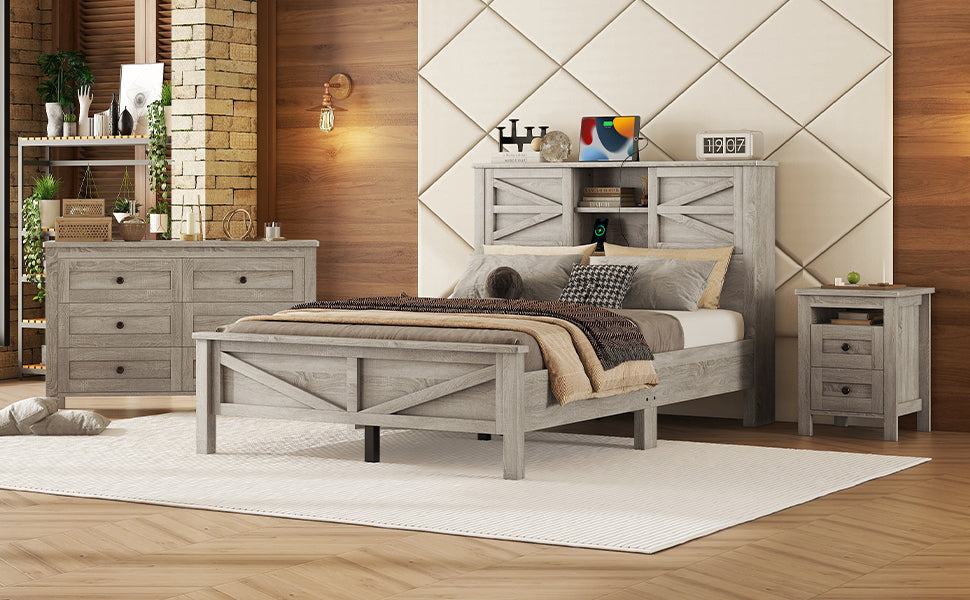 3-Pieces Bedroom Sets Full Size Farmhouse Platform Bed with Double Sliding Door Storage Headboard and Charging Station, Storage Nightstand and Dresser, Antique Gray