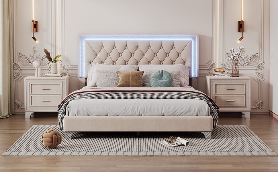 3-Pieces Bedroom Sets,Queen Size Upholstered Platform Bed with LED Lights and Two Nightstands-Beige