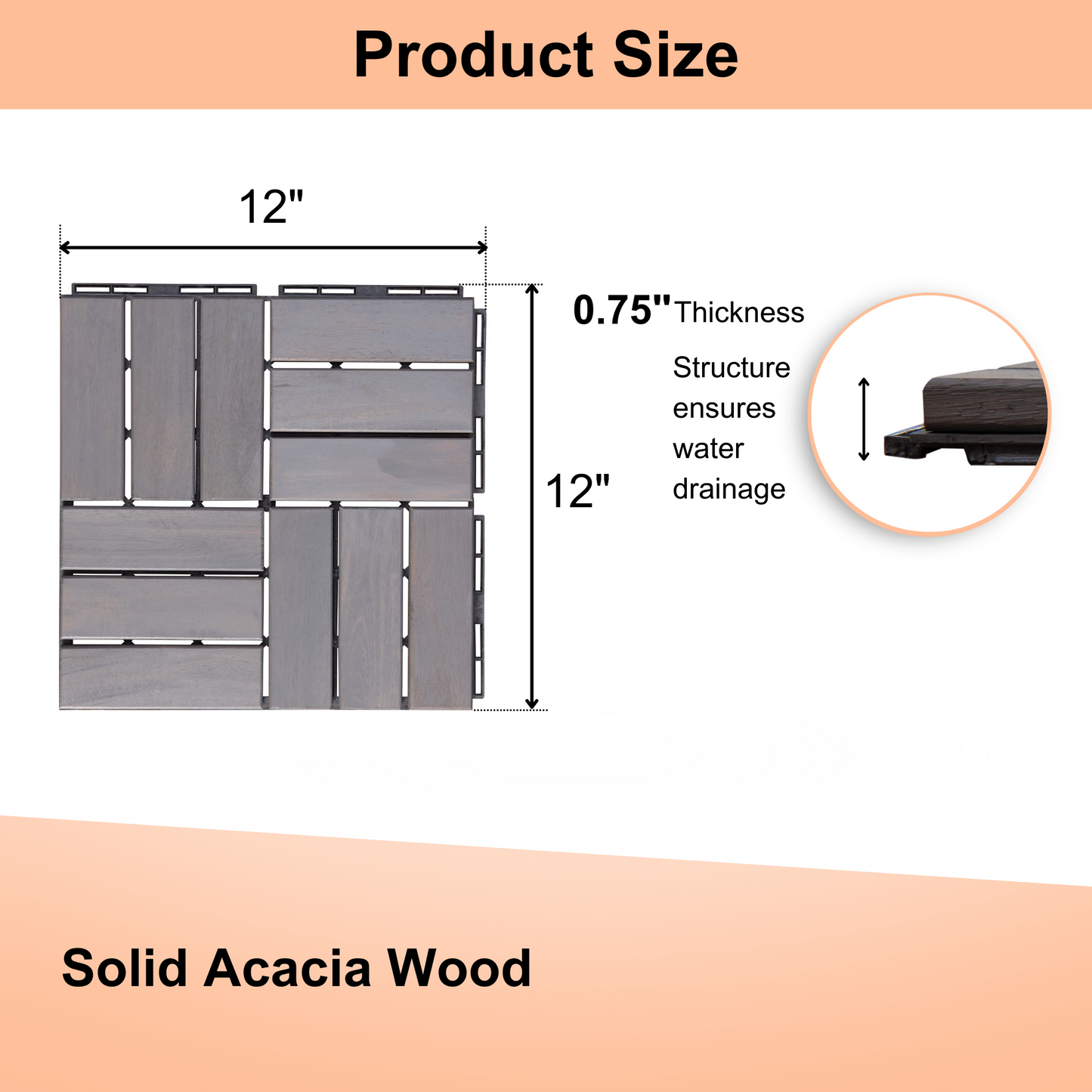 30 PCS Interlocking Deck Tiles Checker Pattern, 12" x 12" Square Light Gray Acacia Hardwood Outdoor Flooring for Patio, Bancony, Pool Side,...