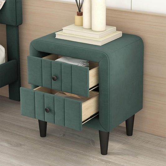 Upholstered Wooden Nightstand with 2 Drawers,Fully Assembled Except Legs and Handles,Velvet Bedside Table-Green