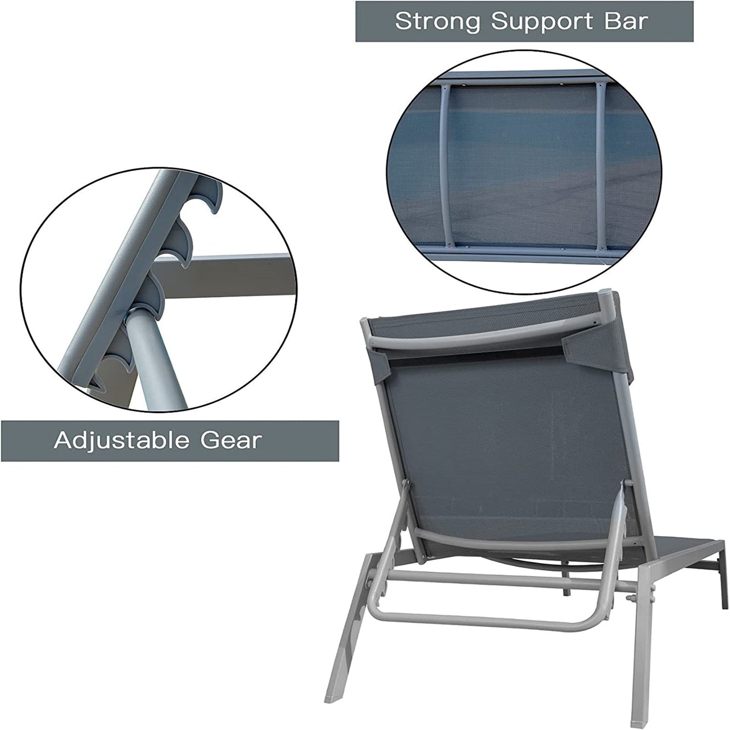 Patio Chaise Lounge Set, 3 Pieces Adjustable Backrest Pool Lounge Chairs Steel Textilene Sunbathing Recliner with Headrest (Grey,2 Lounge Chair+1 Table)
