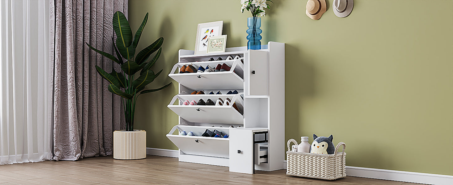 ON-TREND Versatile Shoe Cabinet with 3 Flip Drawers, Maximum Storage Entryway Organizer with Drawer, Free Standing Shoe Rack with Pull-down Seat for Hallway, White