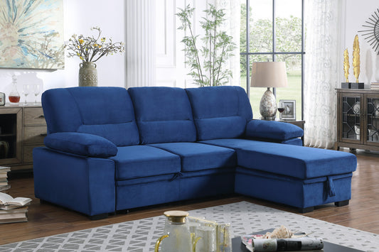 Kipling 97.5" Blue Velvet Fabric Reversible Sleeper Sectional Sofa Chaise