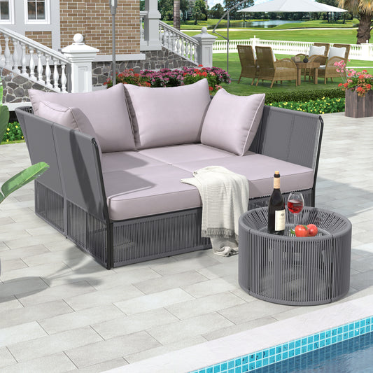 TREXM 2-Piece Outdoor Sunbed and Coffee Table Set, Patio Double Chaise Lounger Loveseat Daybed with Clear Tempered Glass Table for the patio, poolside (Grey Cushion + Dark Grey Rope)