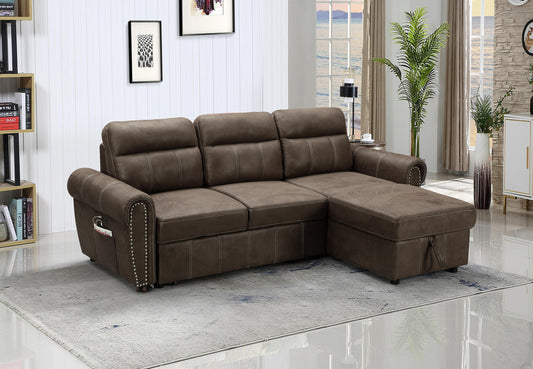 Hugo 96" Brown Reversible Sleeper Sectional Sofa Chaise with USB Charger