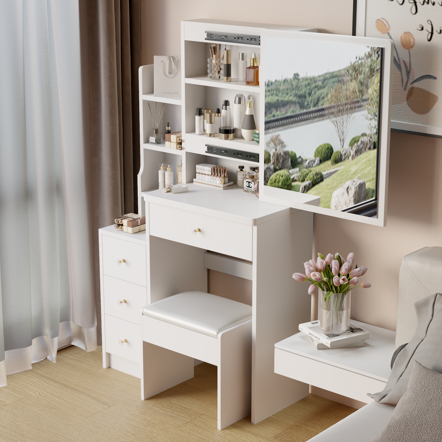 Left Bedside Cabinet Vanity Table + Cushioned Stool, Extra large Sliding mirror, Multi Layer High Capacity Storage, Left Bedside Cabinet, Practical Fashionable Dresser, Modern Makeup Furniture