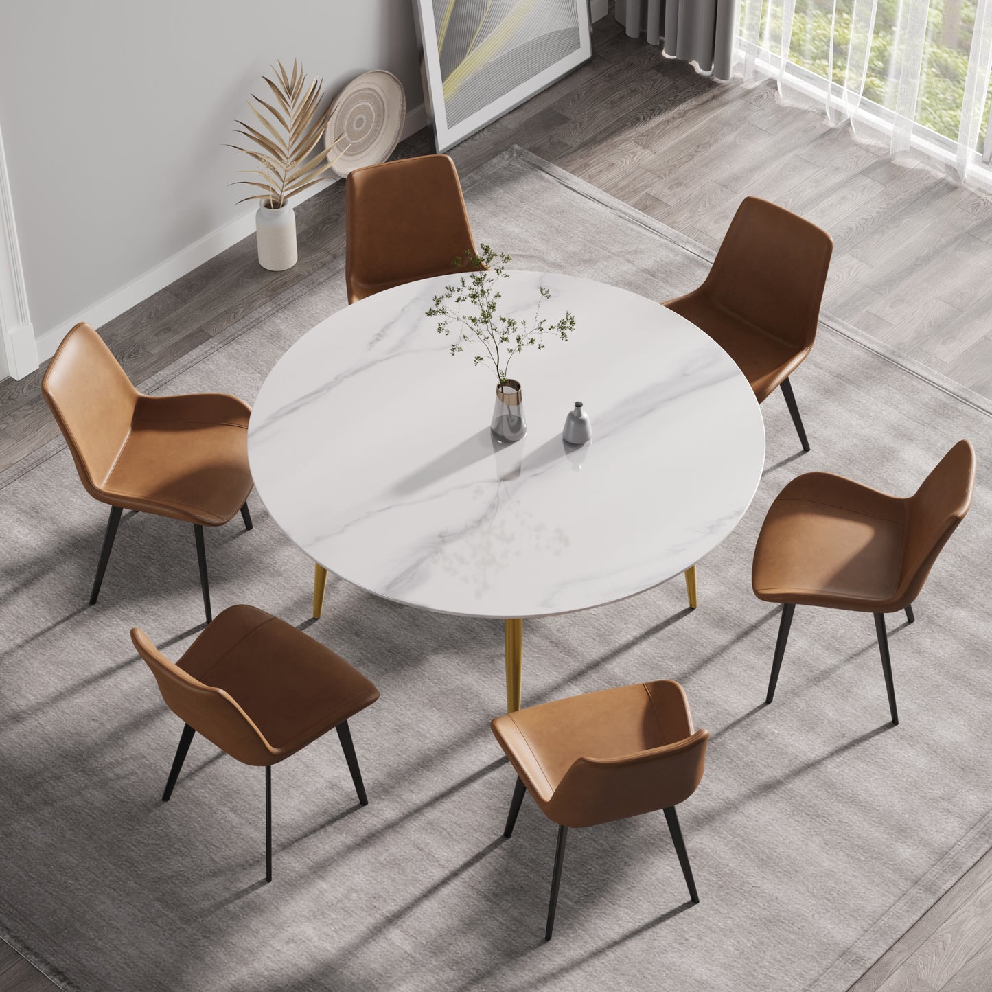 59.05"Modern man-made stone round golden metal dining table-position for 6 people