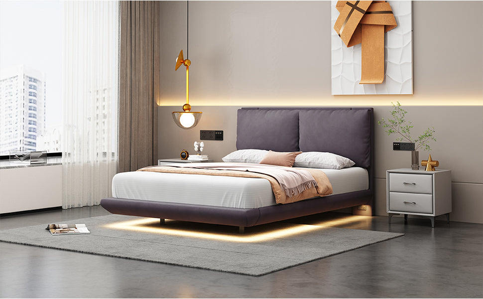 Full Size Upholstered Platform Bed with Sensor Light and 2 Large Backrests, Stylish Platform Bed with 2 sets of USB Port and Socket on each rear Bed Leg, Gray