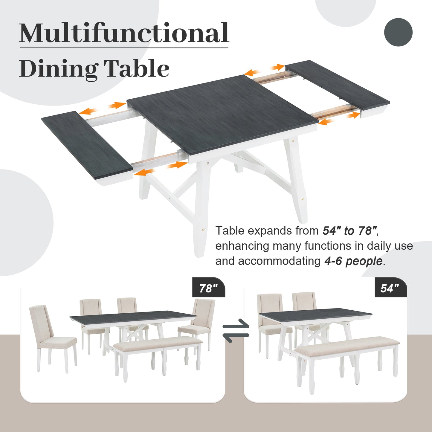 TREXM 6-Piece Classic Dining Table Set, Rectangular Extendable Dining Table with two 12"W Removable Leaves and 4 Upholstered Chairs & 1 Bench for Dining Room (Gray+White)