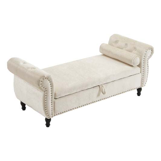 Velvet Multifunctional Storage Rectangular ottoman bench with 1 Pillow, Beige