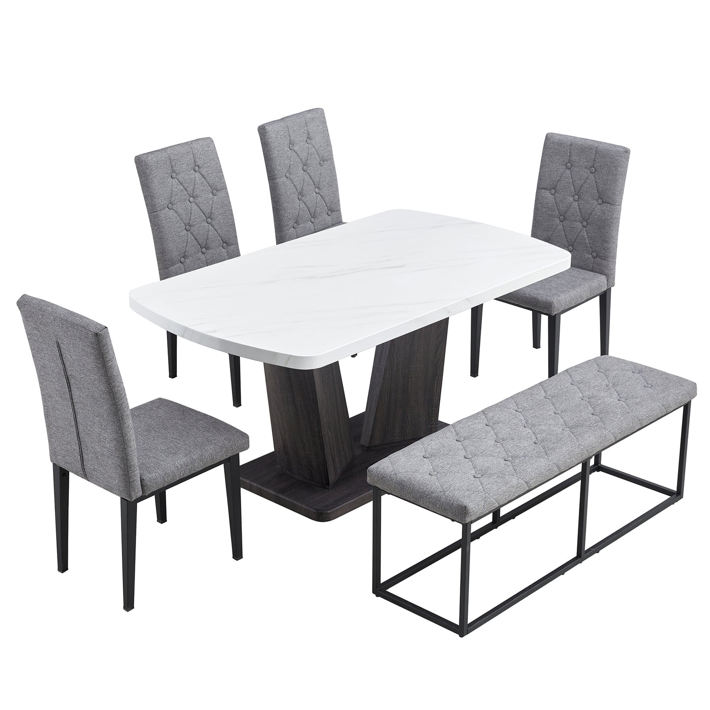 63" Modern Style 6-piece Dining Table with 4 Chairs & 1 Bench, Table with Marbled Veneers Tabletop and V-shaped Table Legs (White)