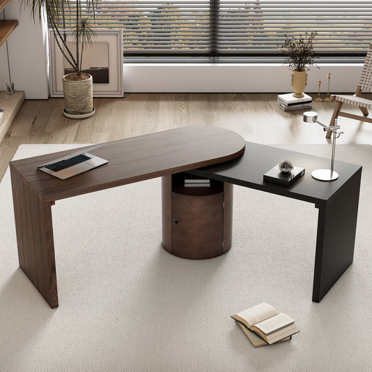 56.92" Modern L Shaped Desk in Walnut with 1 Cabinet and Open storage,360° Wood Rotating Desk,Executive Office Desk,Corner Desk,Office Study Workstation,for Home Office or Living Room,Walnut