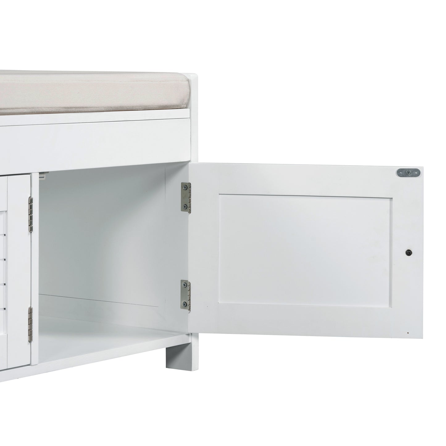 TREXM Storage Bench with 3 Shutter-shaped Doors, Shoe Bench with Removable Cushion and Hidden Storage Space (White, OLD SKU: WF284226AAK)