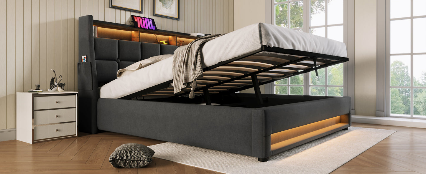 Queen size Upholstered Platform bed with a Hydraulic Storage System, LED and USB Charging, Grey (without mattress)
