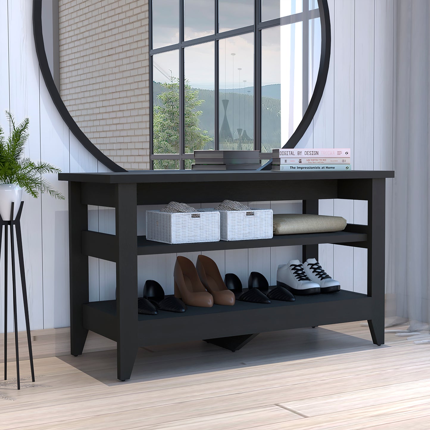 Misuri Storage Bench, Four Legs, Two Open Shelves -Black