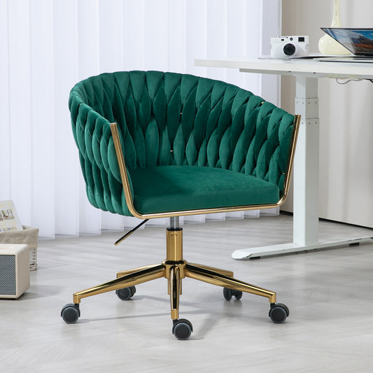 Modern design the backrest is hand-woven Office chair,Vanity chairs with wheels,Height adjustable,360° swivel for bedroom living room(GREEN)