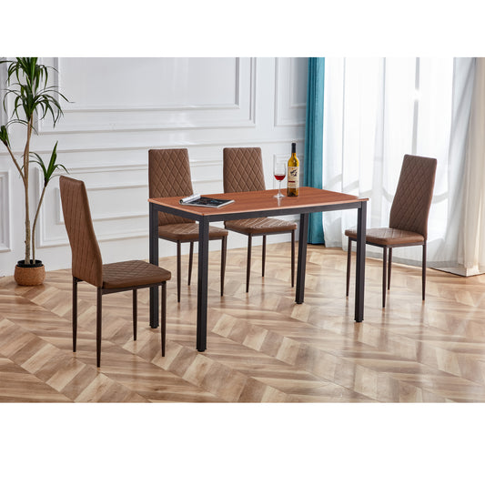 Retro style dining table and chair hotel dining table and chair conference chair outdoor activity chair pu leather high elastic fireproof sponge dining table and chair 5-piece set(light coffee+coffee)