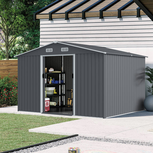 Outdoor Storage Shed 8 x 10 FT Large Metal Tool Sheds, Heavy Duty Storage House with Sliding Doors with Air Vent for Backyard Patio Lawn to Store Bikes, Tools, Lawnmowers Grey