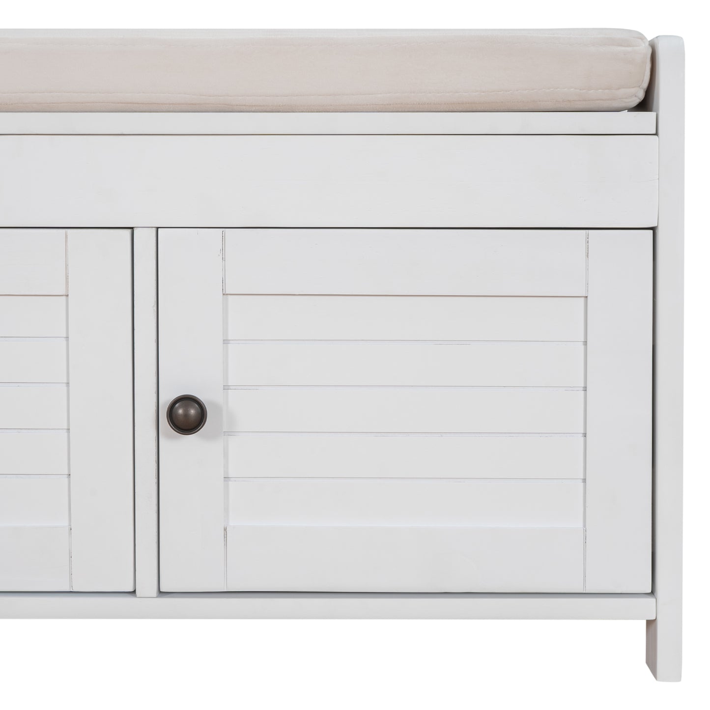 TREXM Storage Bench with 3 Shutter-shaped Doors, Shoe Bench with Removable Cushion and Hidden Storage Space (White, OLD SKU: WF284226AAK)