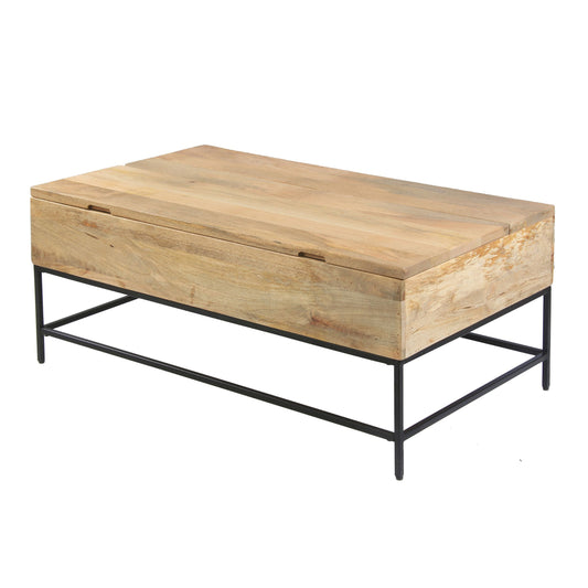 Audrey 45 Inch Handcrafted Mango Wood Coffee Table, Lift Top, Grain Details, Natural Brown, Black