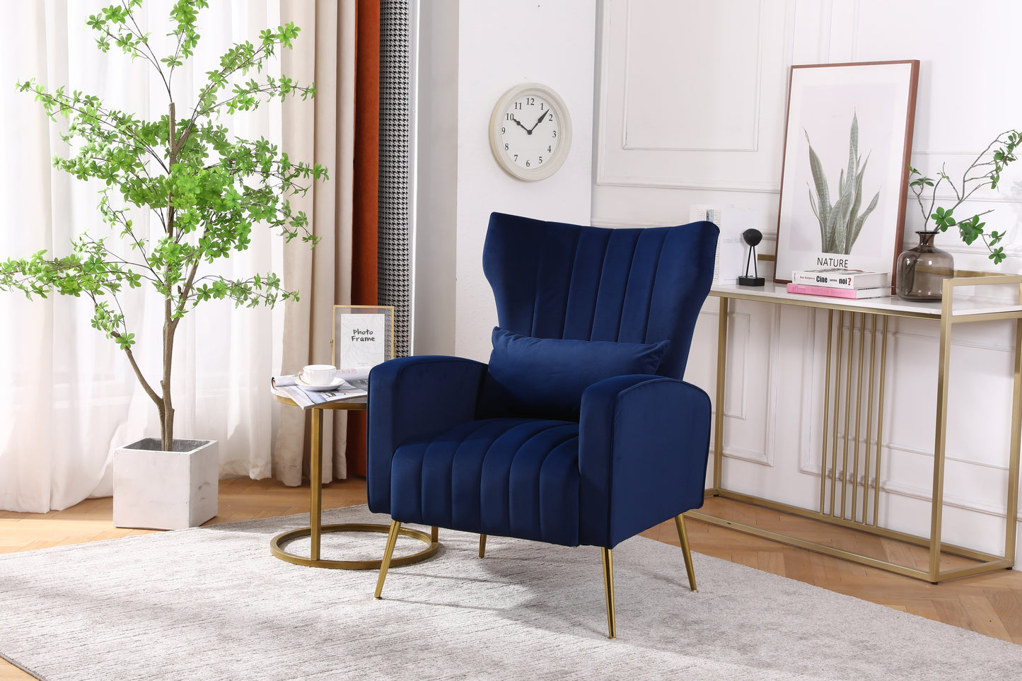 FONDHOME Velvet Accent Chair, Modern Living Room Armchair Comfy Upholstered Single Sofa Chair for Bedroom Dorms Reading Reception Room with Gold Legs & Small Pillow, Royal Blue