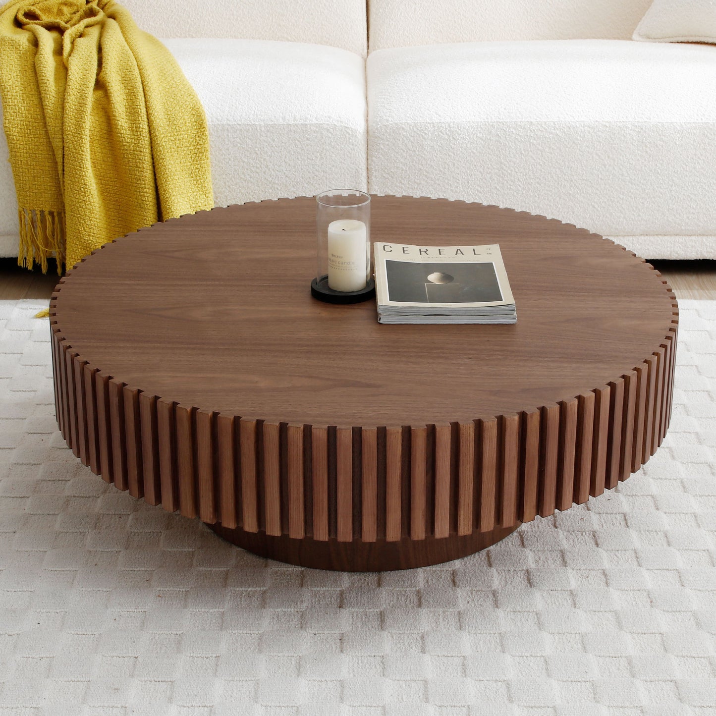 31.49'' Round Coffee Table Small Coffee Table for Apartment, Modern Living Room Coffee Table with Sturdy Pedestal,WALNUT