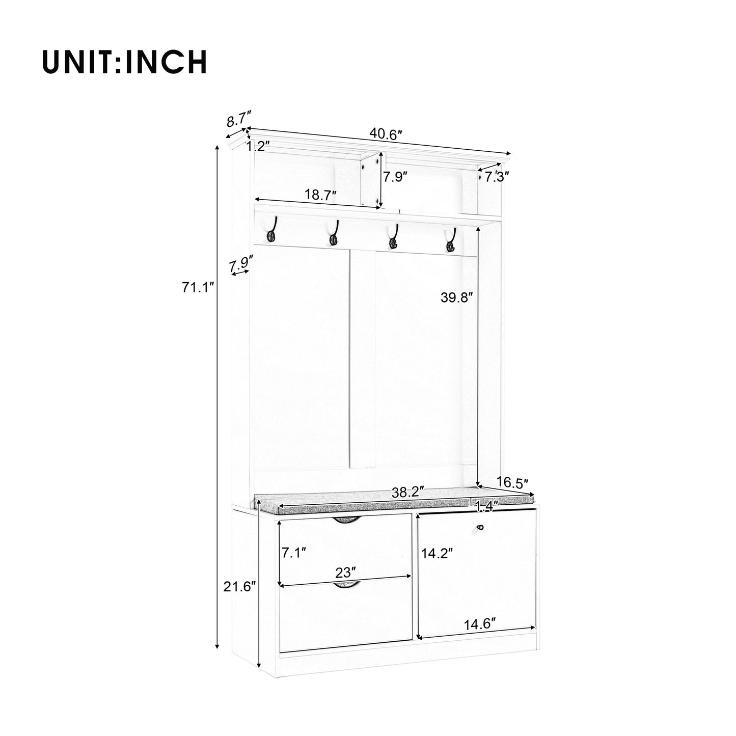 U-Can 5-in-1 Entryway Bench with Coat Rack, Cushion and 4 Sturdy Hooks, 40.6'' Wide Hall Tree with Shoe Storage Bench for Hallway, Entryway, Living Room