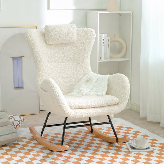Rocking Chair Nursery, Teddy Upholstered Rocker Glider Chair with High Backrest, Adjustable Headrest & Pocket, Comfy Glider Chair for Nursery, Bedroom, Living Room, Offices, Rubber wood, white