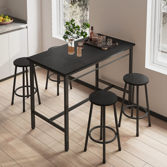 5-piece rural kitchen table with four bar stools, metal frame and MDF, black