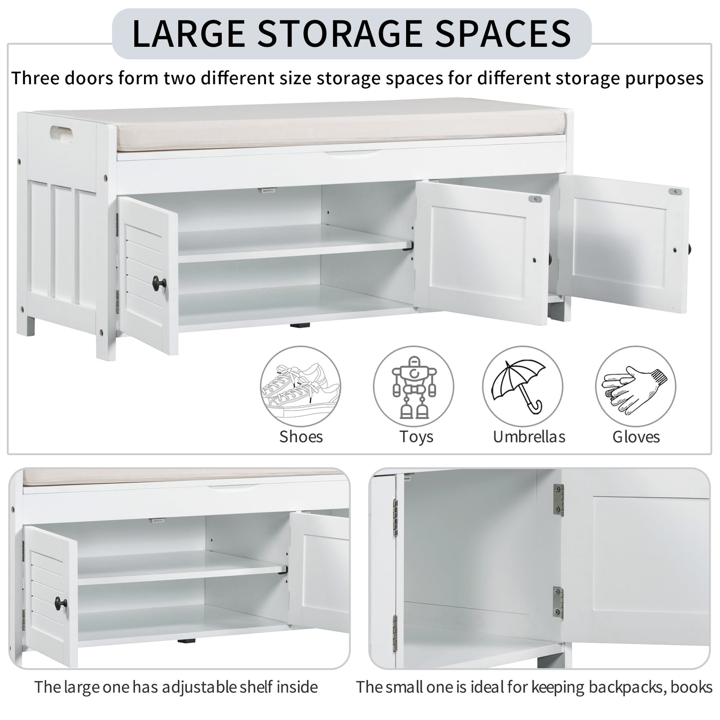 TREXM Storage Bench with 3 Shutter-shaped Doors, Shoe Bench with Removable Cushion and Hidden Storage Space (White, OLD SKU: WF284226AAK)