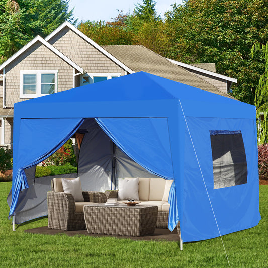 Outdoor 10x 10Ft Pop Up Gazebo Canopy Tent with Removable Sidewall with Zipper,2pcs Sidewall with Mosquito Netting,with 4pcs Weight sand bag,with Carry Bag-Blue