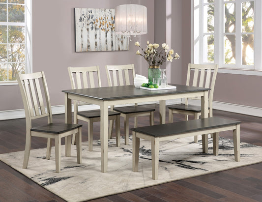 Transitional Dining Room Furniture 6pc Set Dual Tone Design Antique White / Gray Dining Table, Bench and 4x Side Chairs Solid wood Breakfast Kitchen