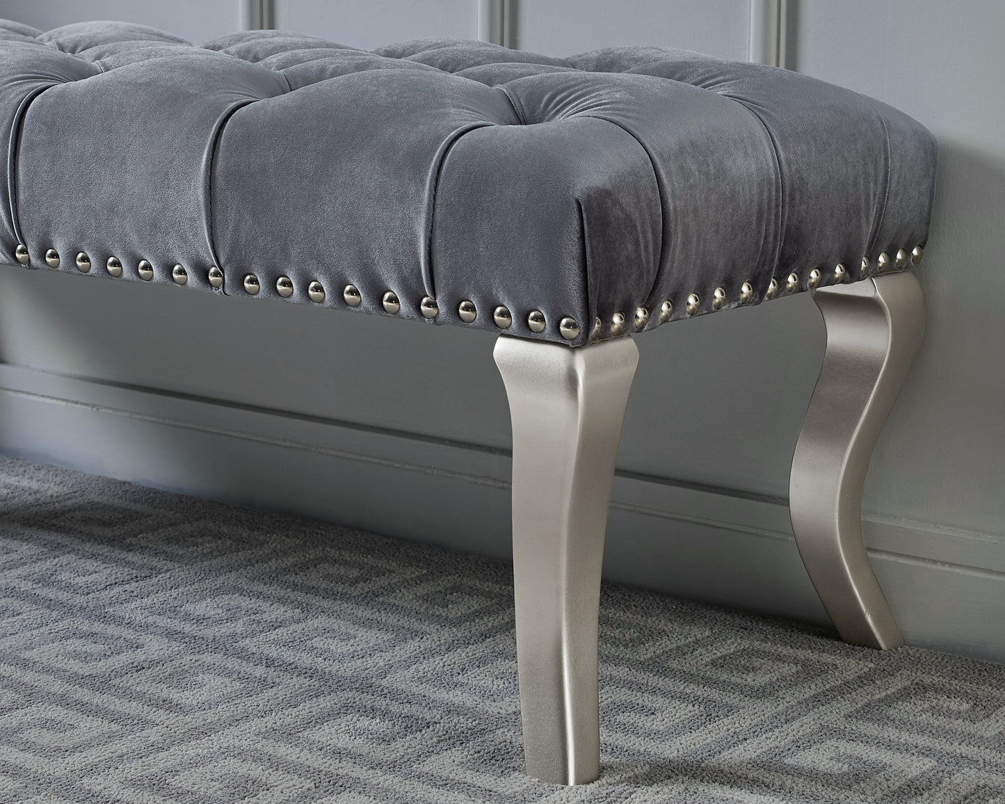 Decor Maxem Tufted Fabric Upholstered Bench Nailhead Trim , Gray