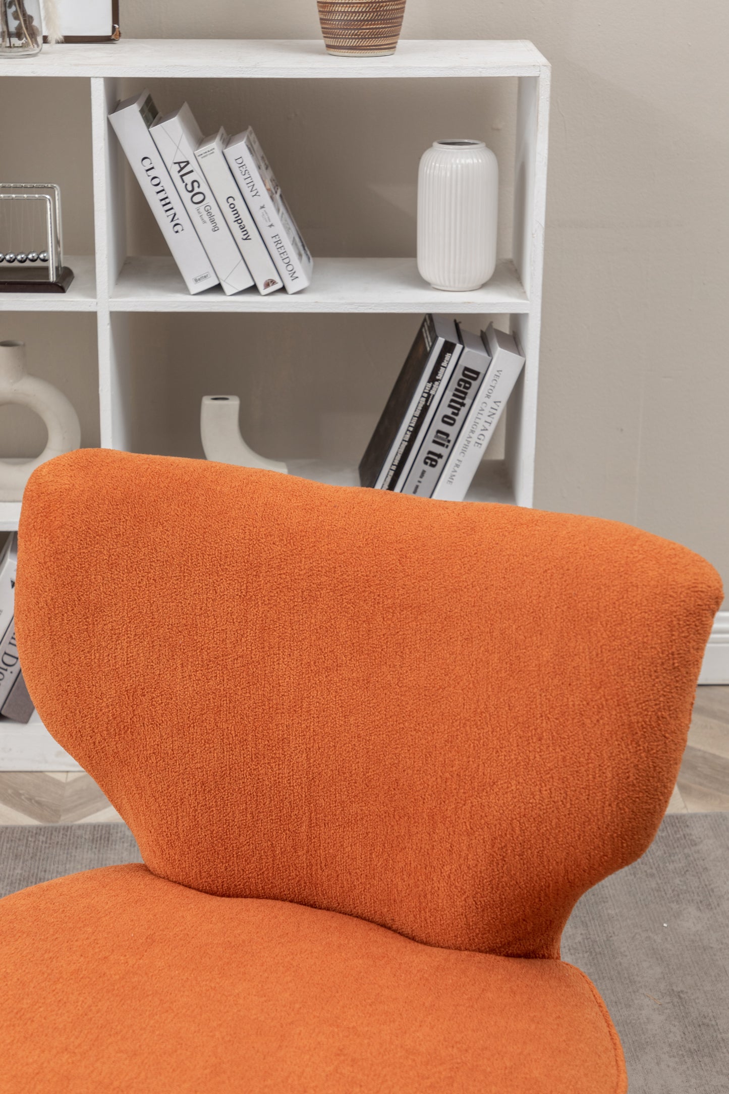 Teddy velvet Single accent chair, wooden legs, padded upholstery, High density foam, small modern armless chair, living room bedroom, ORANGE