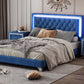 3-Pieces Bedroom Sets,Queen Size Upholstered Platform Bed with LED Lights and Two Nightstands-Blue