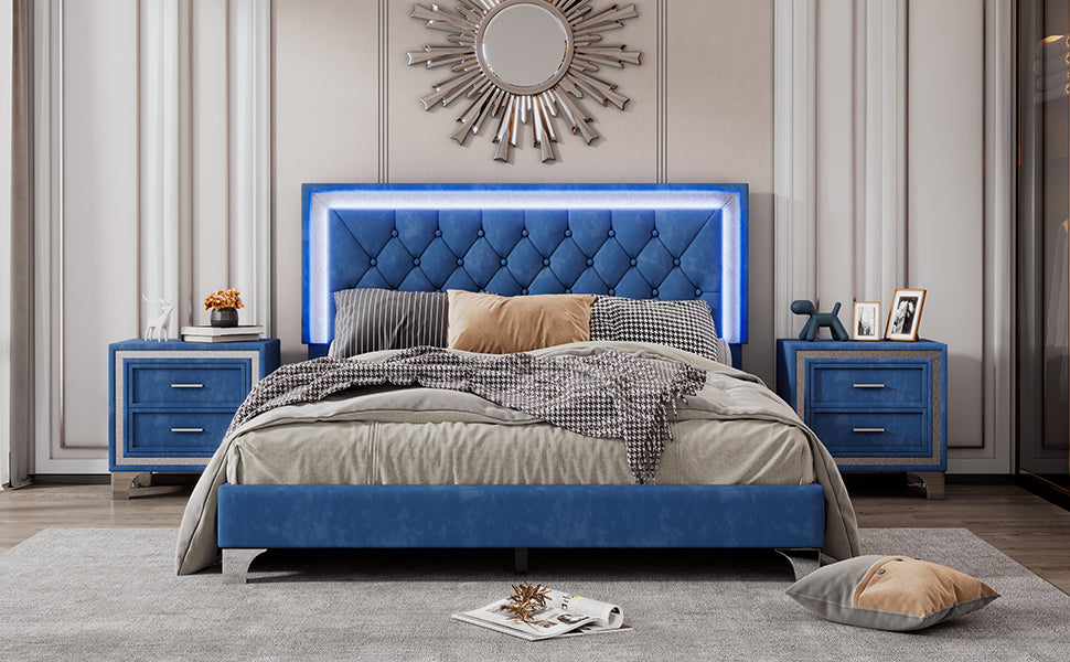 3-Pieces Bedroom Sets,Queen Size Upholstered Platform Bed with LED Lights and Two Nightstands-Blue