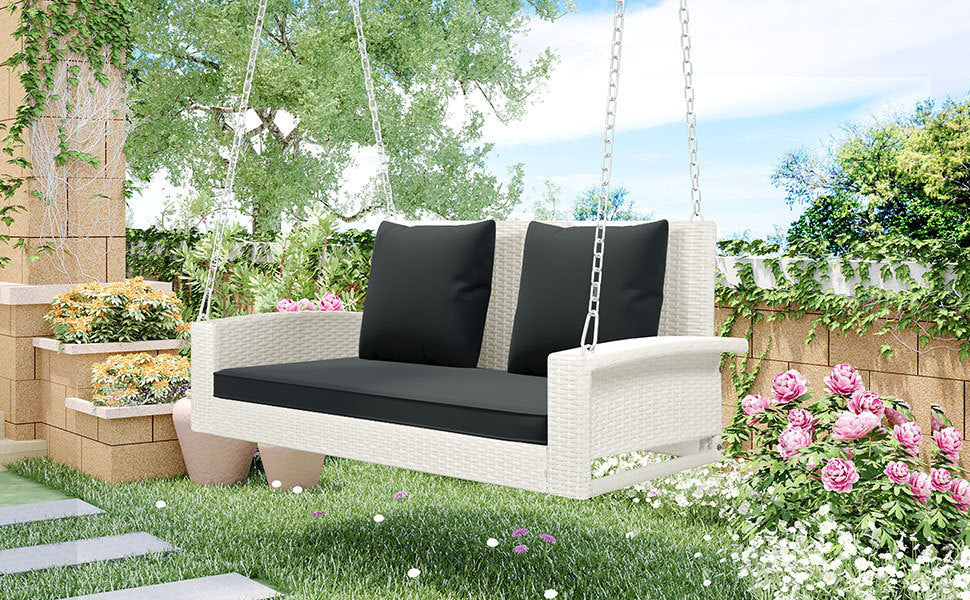 GO 2-Person Wicker Hanging Porch Swing with Chains, Cushion, Pillow, Rattan Swing Bench for Garden, Backyard, Pond. (White Wicker, Gray Cushion)